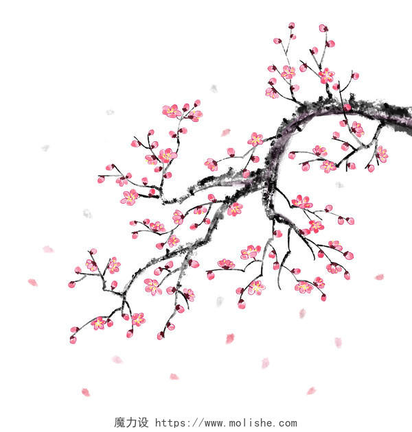 中国风手绘水墨鲜花桃花树枝素材